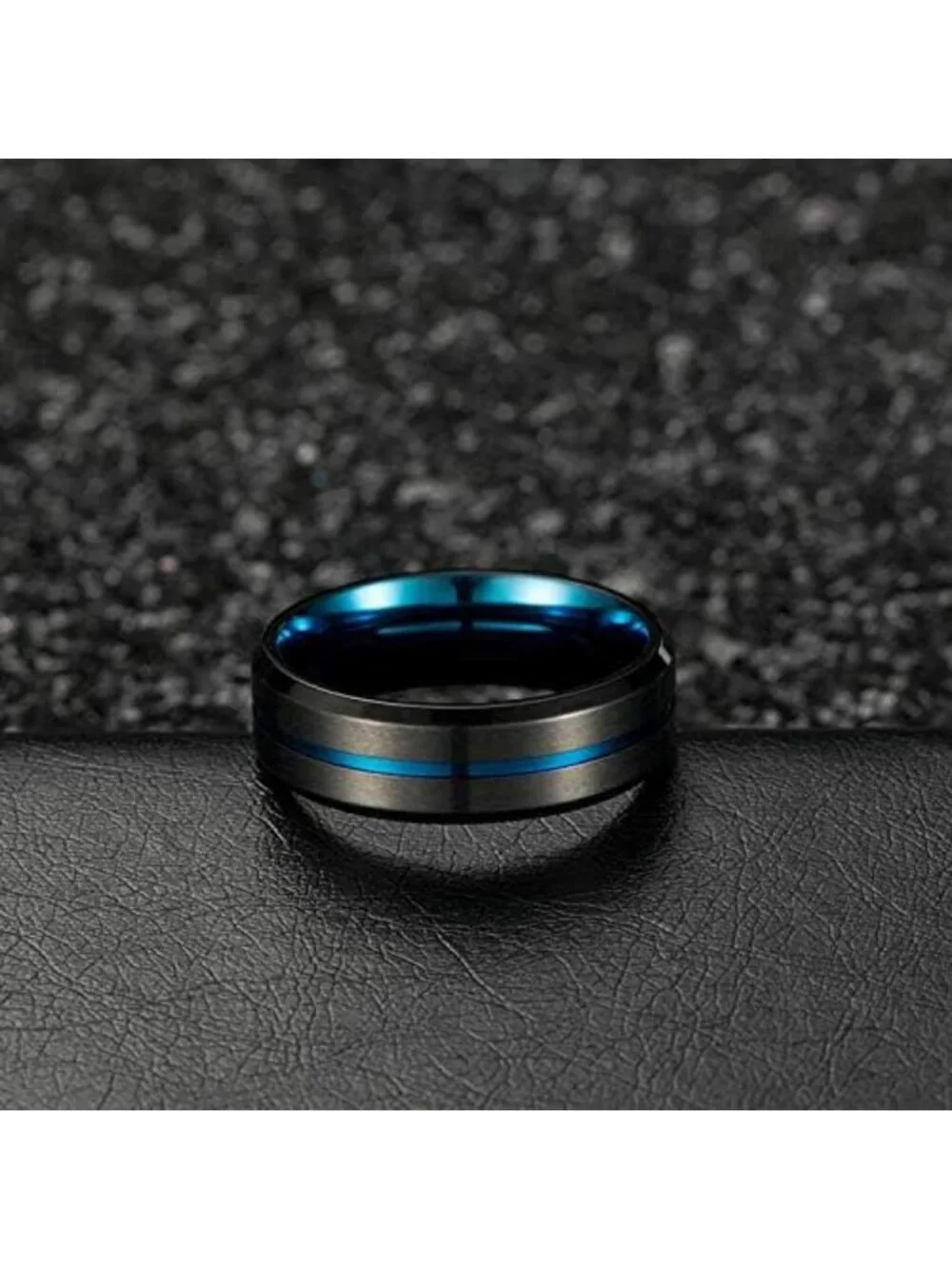 Men's 8mm Matte Brushed Stainless Steel Wedding Band Ring - Blue/Black Titanium